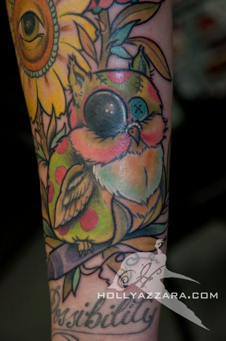 Owl and Flowers Color Tattoo Tattoo Design Thumbnail